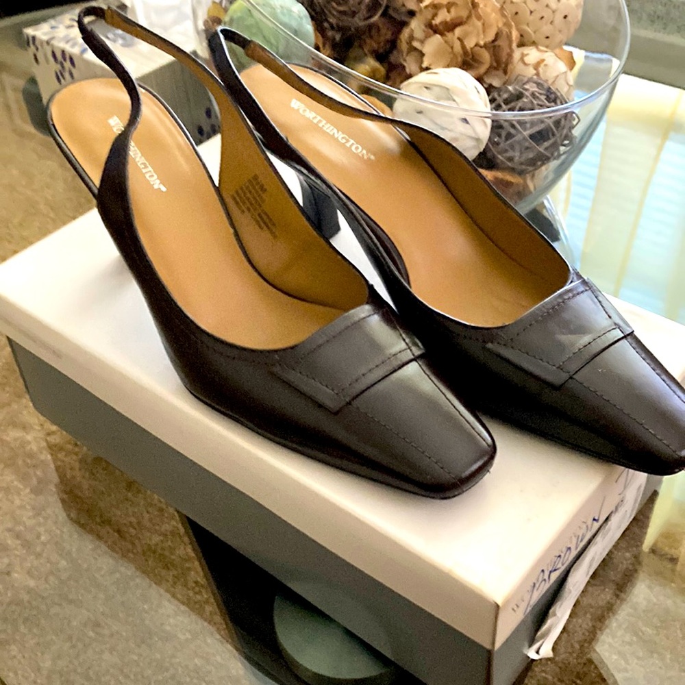 Brown leather sling-backs